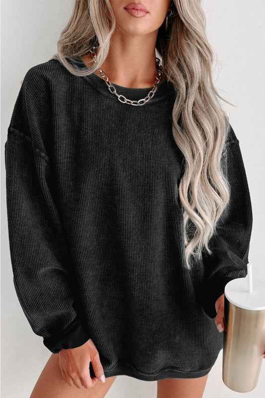 Solid Ribbed Knit Round Neck Pullover Sweatshirt ce67b572-fc49-4a81-88fe-0a73d03b6bff
