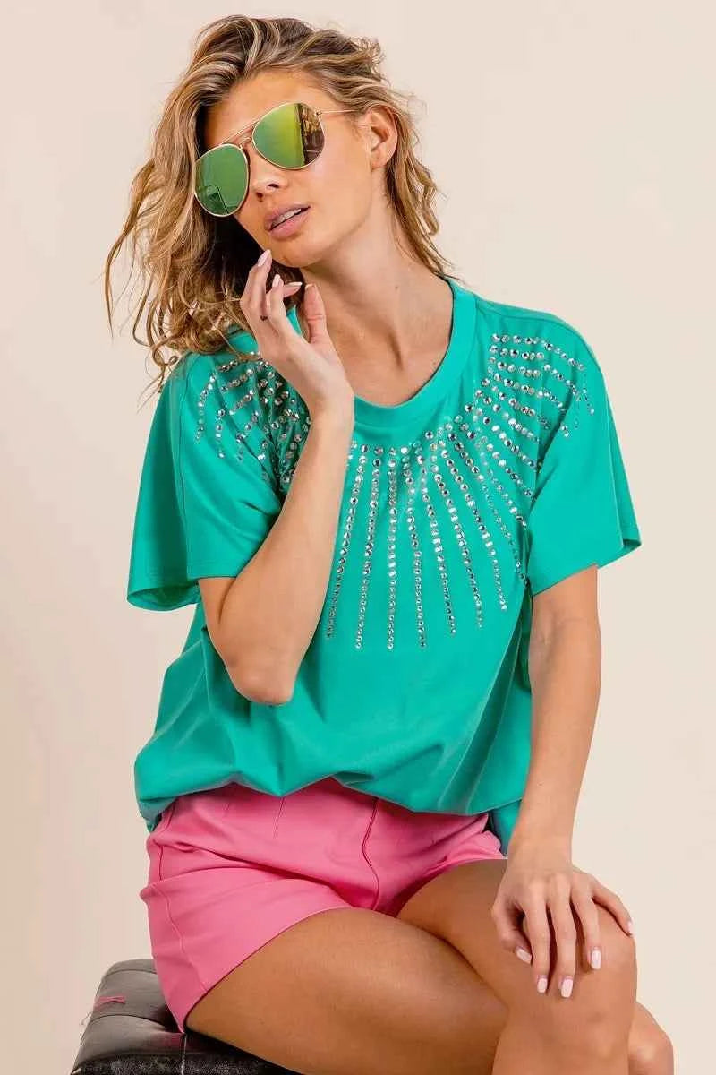 BiBi Rhinestone Beaded Short Sleeve Top ce6b3b5c15874d67b10fb6d2d2fe7a75-Max-Origin