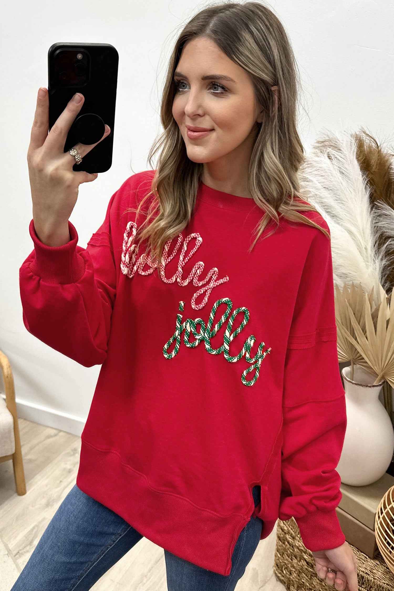 Racing Red Holly Jolly Embroidered Graphic Baggy Sweatshirt ce6c470b40a2a398
