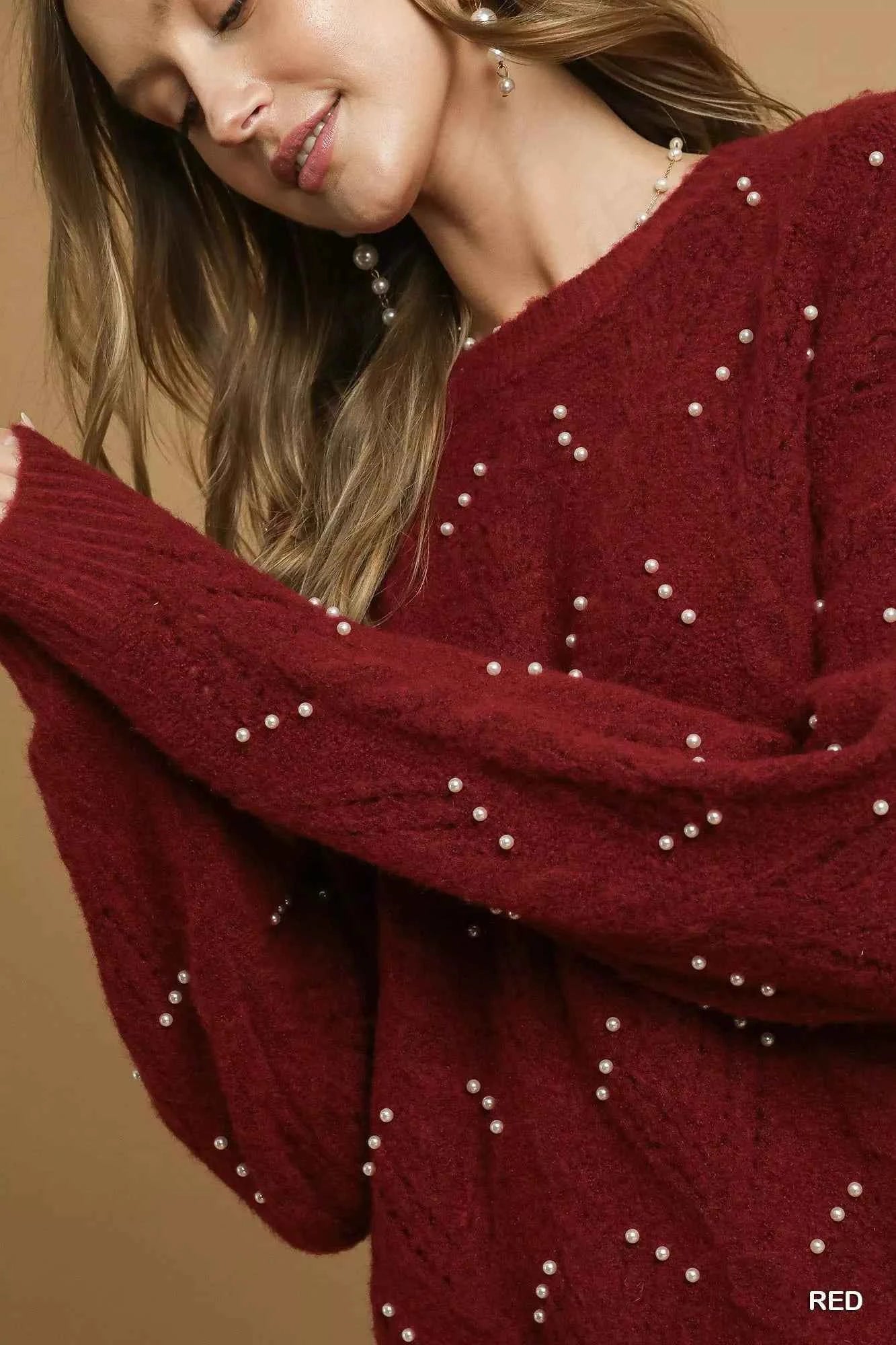 Umgee Pearl-Embellished Long Sleeve Sweater ce6e272f-b1f8-42e0-bf93-a21329c1ec11-Max-Origin