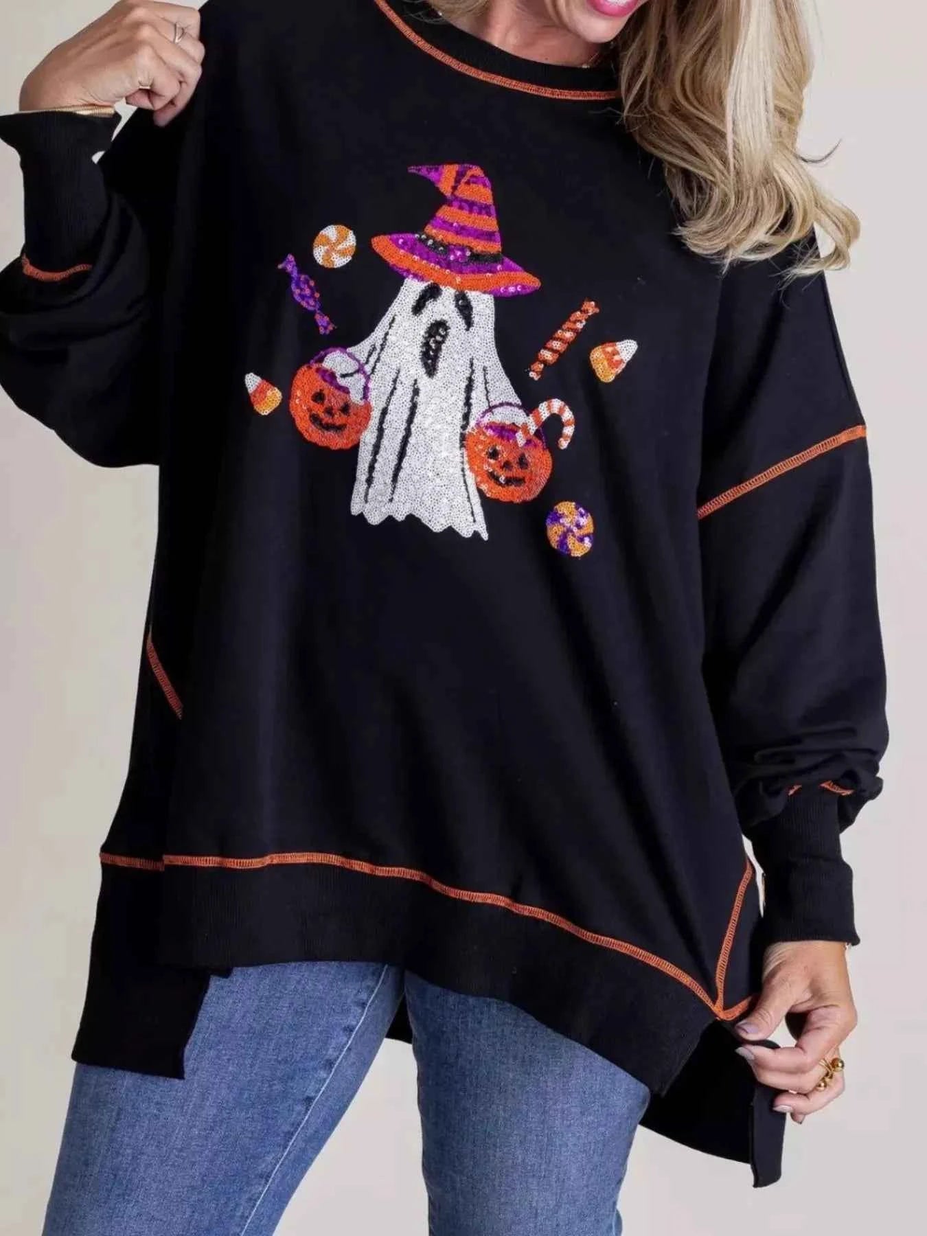 Halloween Ghost Sequin Exposed Seam Sweatshirt ce7235d2-8192-4661-a73d-aa04f93b880b-Max-Origin