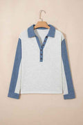 Denim Patchwork Polo Collar Long Sleeve Top Light Grey ce7367e7-8c9c-4d24-a997-9eba5ac94bd7