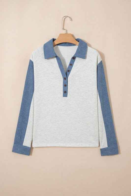 Denim Patchwork Polo Collar Long Sleeve Top Light Grey ce7367e7-8c9c-4d24-a997-9eba5ac94bd7