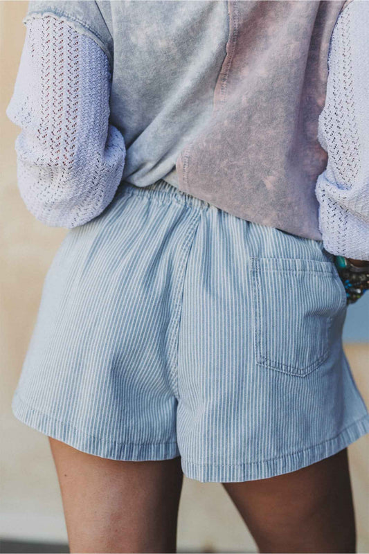 Sky Blue Stripe Drawstring Elastic Waist Casual Denim Shorts ce7409e050f98159