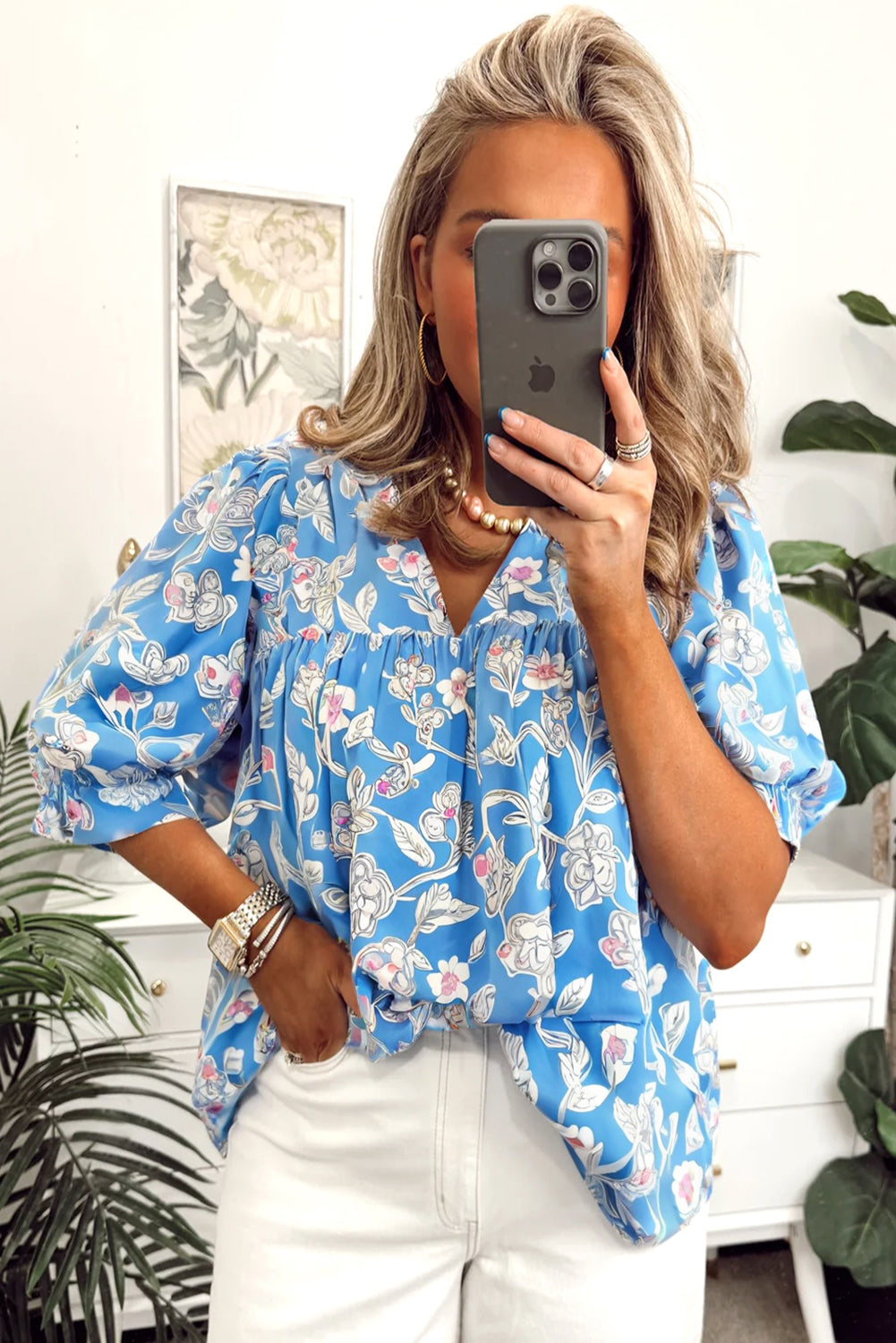 Sky Blue Vintage Floral Print V-Neck Bubble Sleeve Blouse ce7522c46e85f5a1