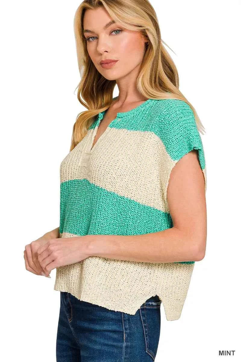 Zenana Split Neck Sleeveless Stripe Sweater ce7828092d2042b2a92081274922bb79-Max-Origin