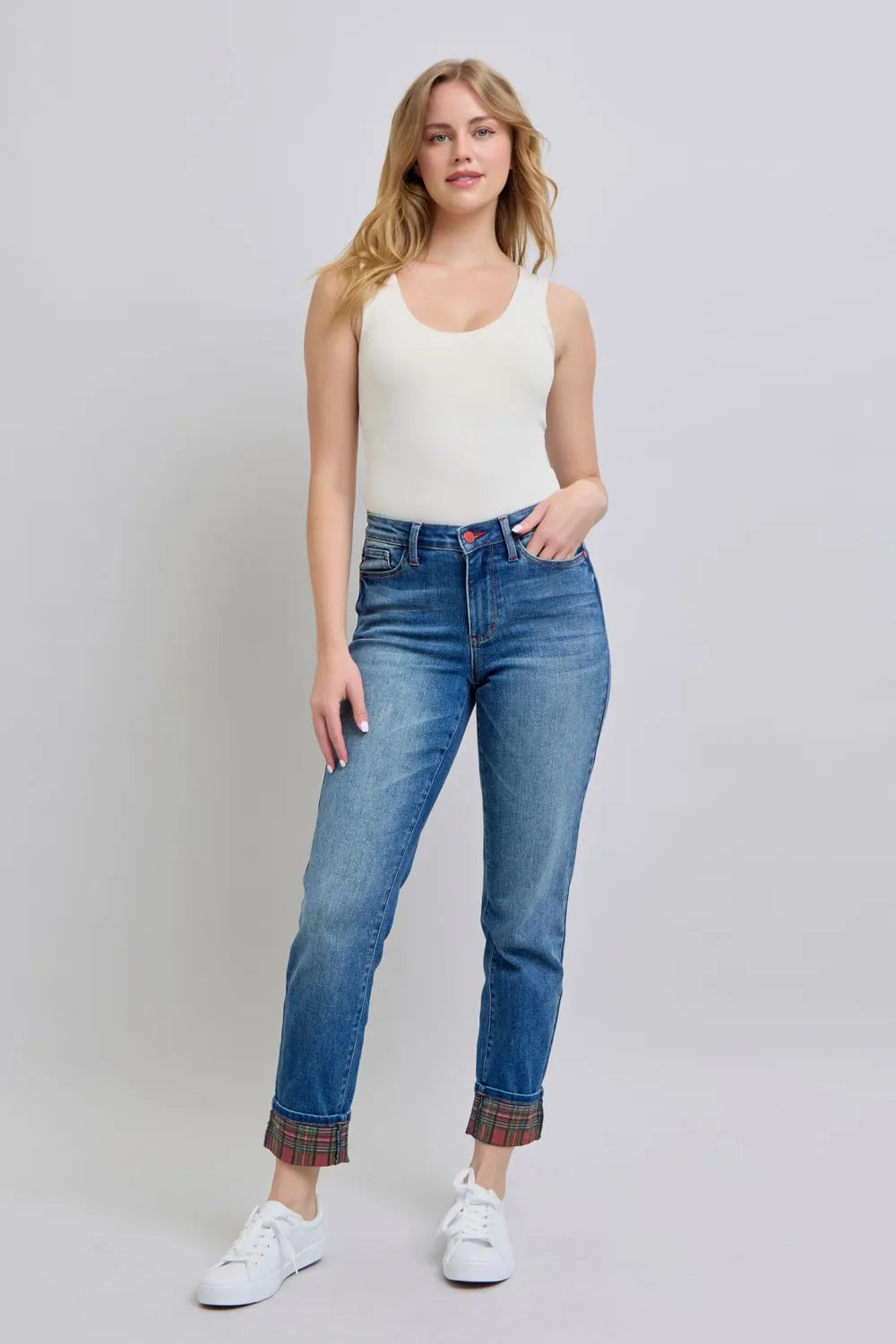 Judy Blue Full Size Plaid Print Cuff Straight Leg Jeans with Pockets Medium ce826031-1662-4b76-ae0d-09c98bec18c6-Max