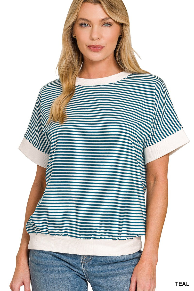Zenana Stripe Contrast Trim Banded Bottom Top TEAL ce88249232a04535b34932777d329755-Max