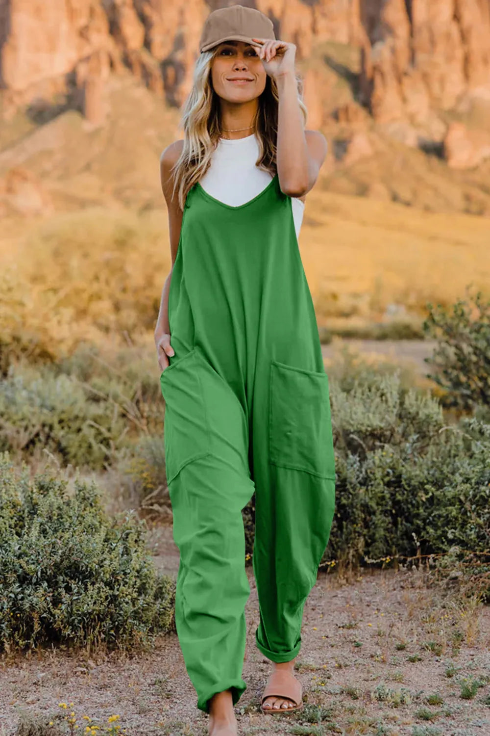 Double Take Full Size V-Neck Sleeveless Jumpsuit with Pockets Green ce886420-a78c-4d90-9e61-69f90493f4a2-Max
