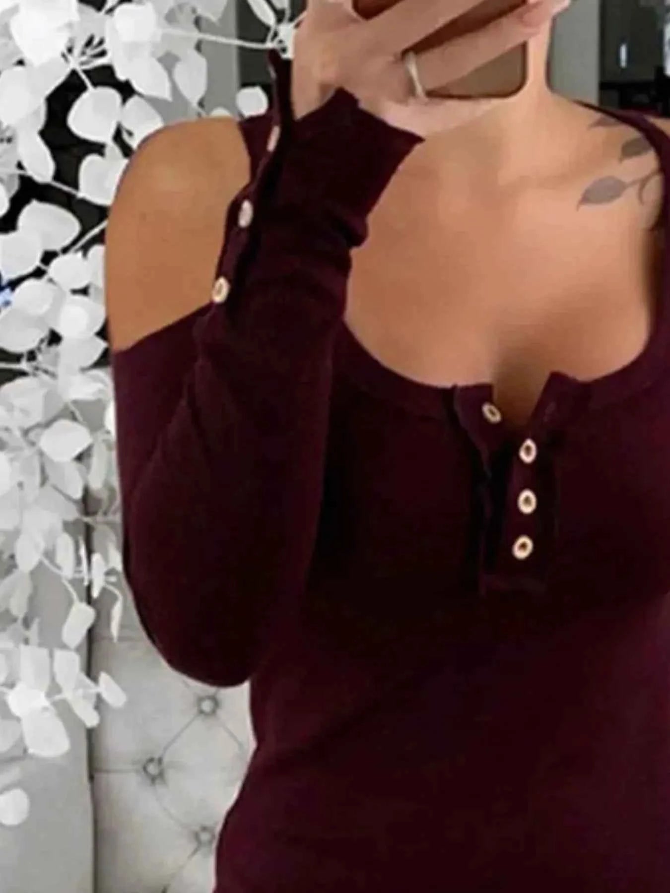 Cold Shoulder Ribbed Henley T-Shirt with Button Detail ce946875-480e-4b64-b91c-5e746fea6092-Max-Origin