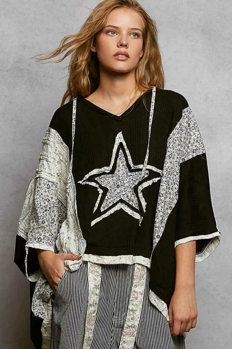 POL Floral Star Patch Hooded Blouse with Lace Contrast Detail Black ce967099-f3ba-4111-8b24-54044f5b9c73-Max-Origin