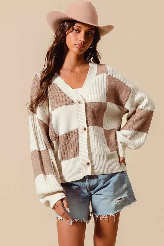 SO ME Checkered Button Front Ribbed Sweater Cardigan COFFEE IVORY ce98e438eb0d4577ba95d3df26253746-Max-Origin
