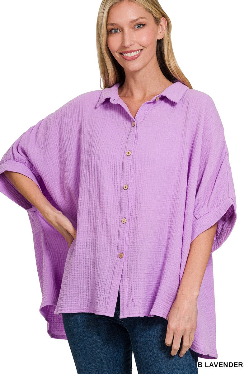 Zenana Double Gauze 3/4 Sleeve Button Up Shirt ce9abcf72ddf4387bae9a09cdf813fd3-Max