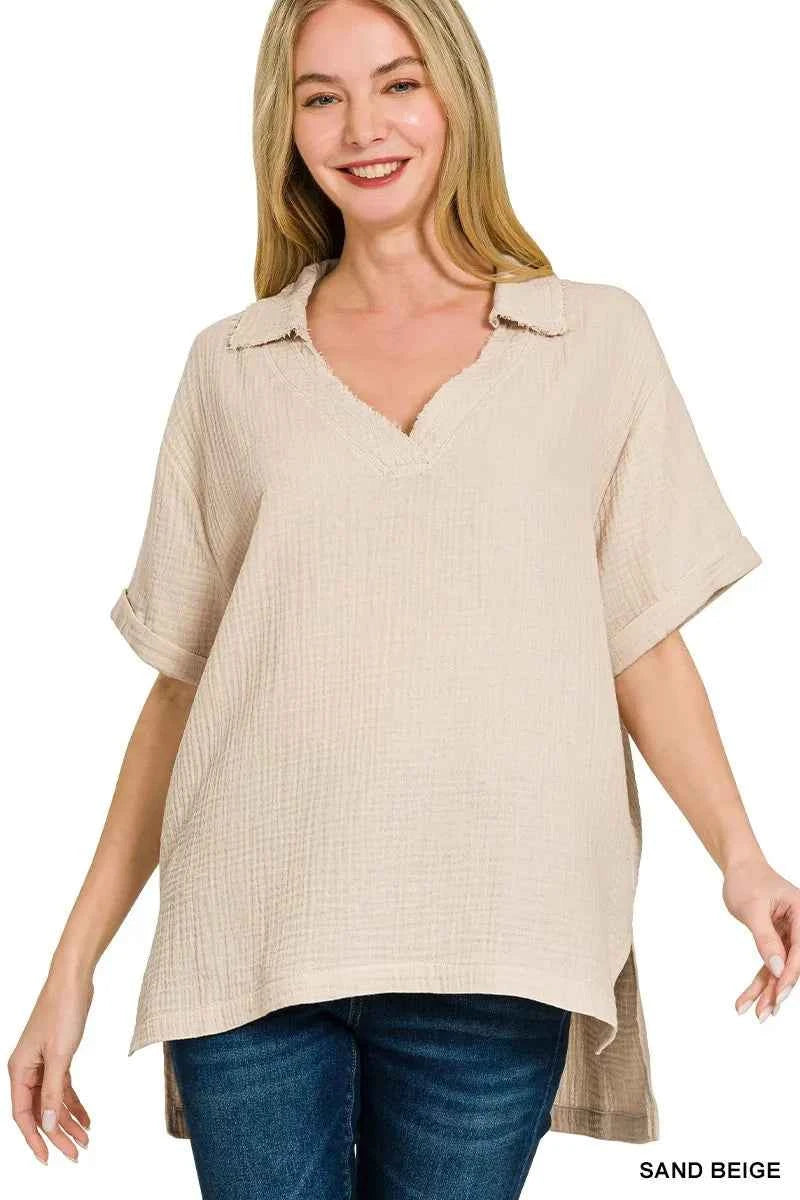 Zenana Double Gauze Short Sleeve High-Low Top SAND BEIGE ce9ba26269dc4b31ac1c1c038aa947c6-Max-Origin