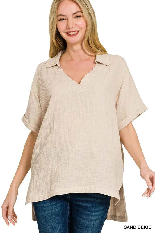 Zenana Double Gauze Short Sleeve High-Low Top SAND BEIGE ce9ba26269dc4b31ac1c1c038aa947c6-Max-Origin