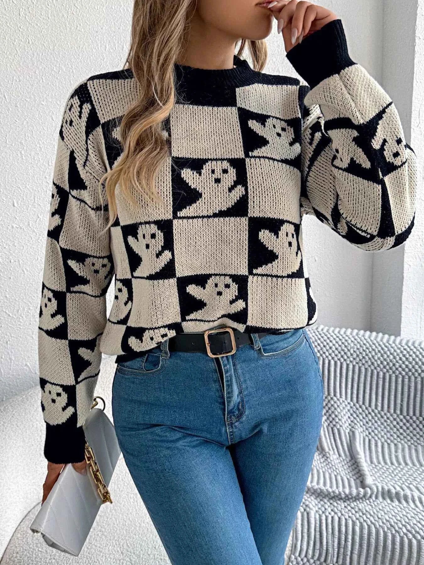 Halloween Ghost Pattern Checkered Round Neck Sweater cea12af9a90c4c61872ad4cf43509bbe-Max-Origin