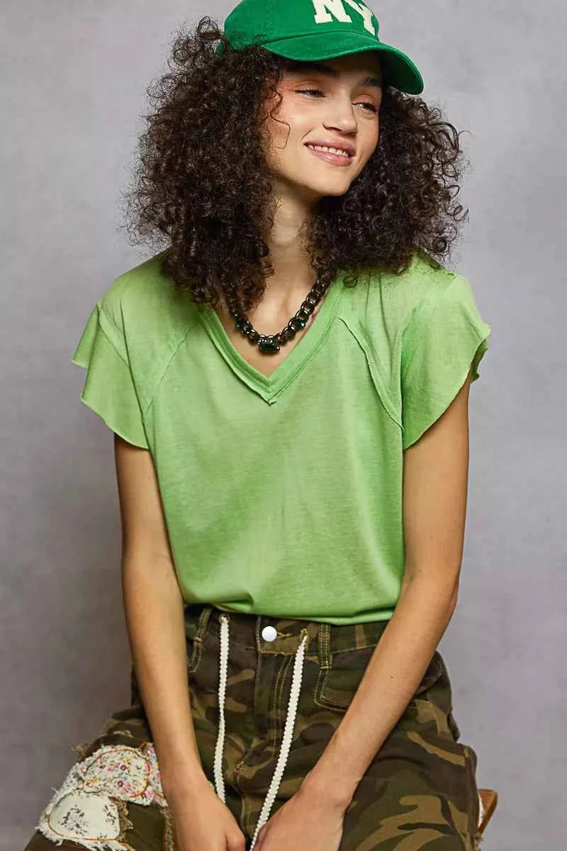 POL V-Neck Short Sleeve T-Shirt with Ruffle Sleeve cea8ecb8-78a0-4502-8566-f4bc5ddea296-Max-Origin