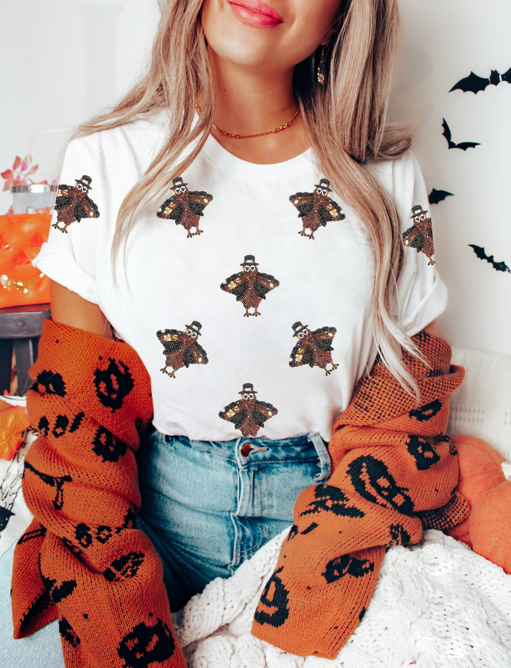 Black Sequin Turkey Patch Application Graphic Tee cea99bb59ebd79b8