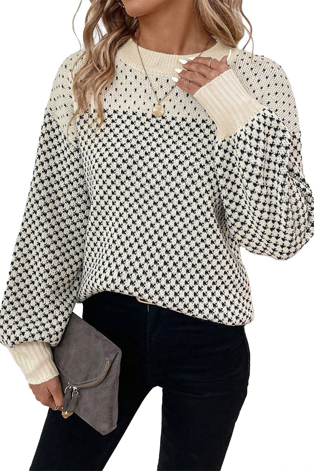 Red Colorblock Bishop Sleeve Knit Sweater Black 55%Acrylic+45%Cotton ceabe58e7001a630