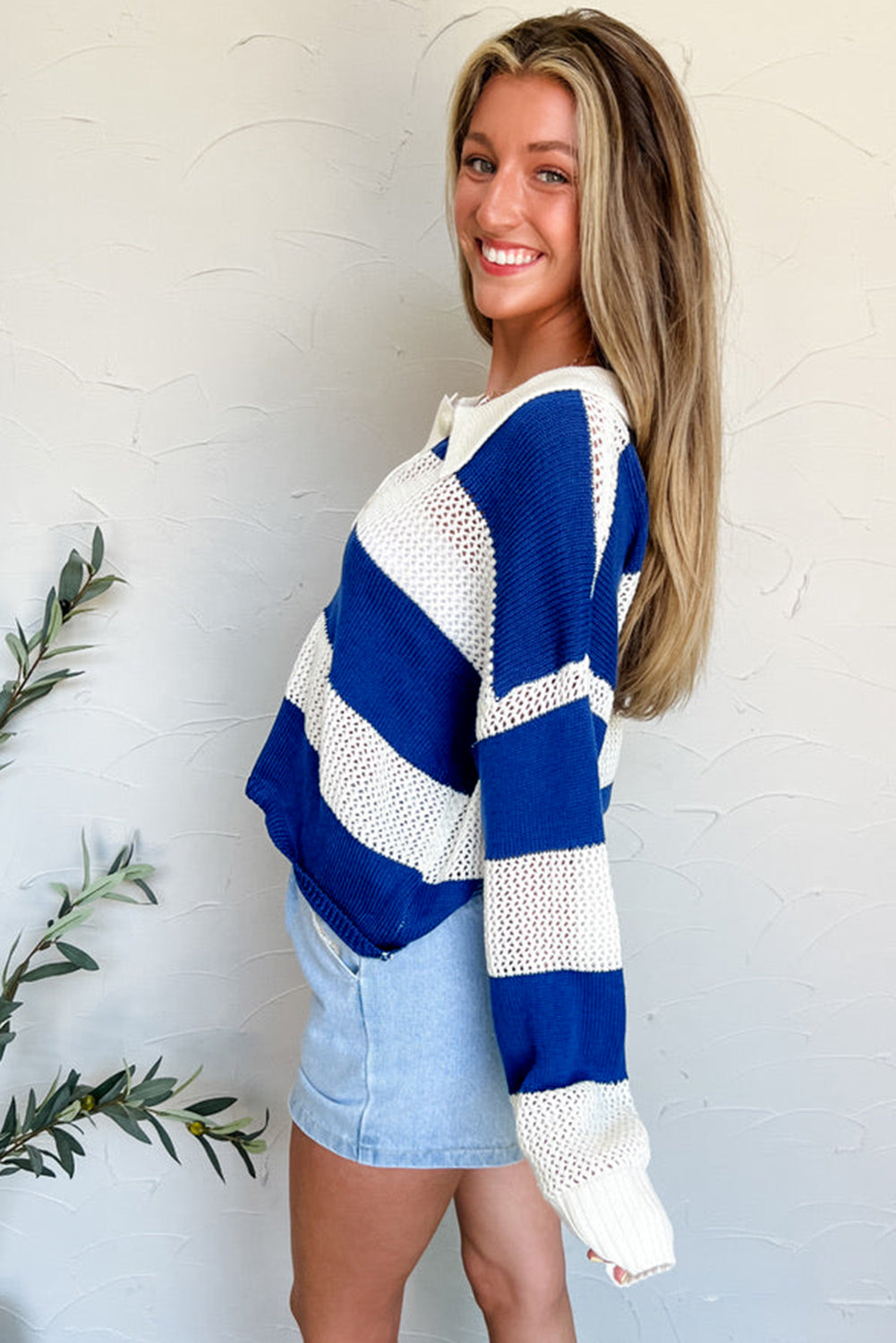 Blue Stripe Colorblock Polo Collar Eyelet Crochet Knit Sweater ceafc80ff61c1c03