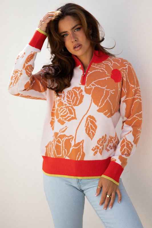Floral Half Zip Collared Pullover Sweater cebc94d0-52bf-4ad6-bf14-f3c9e4dc6c44