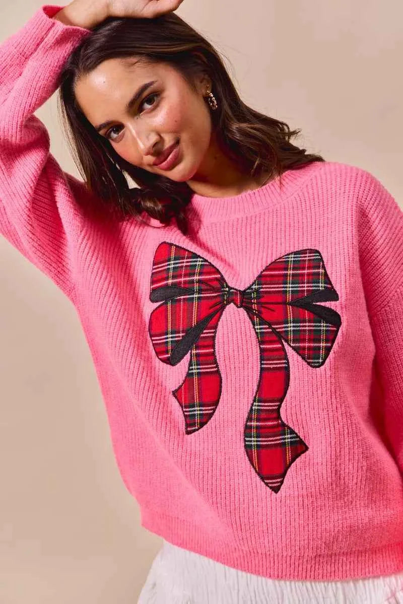SO ME Checker Plaid Ribbon Christmas Holiday Sweater cebe0ceb5c4e4220927ea2f1a261acf9-Max-Origin