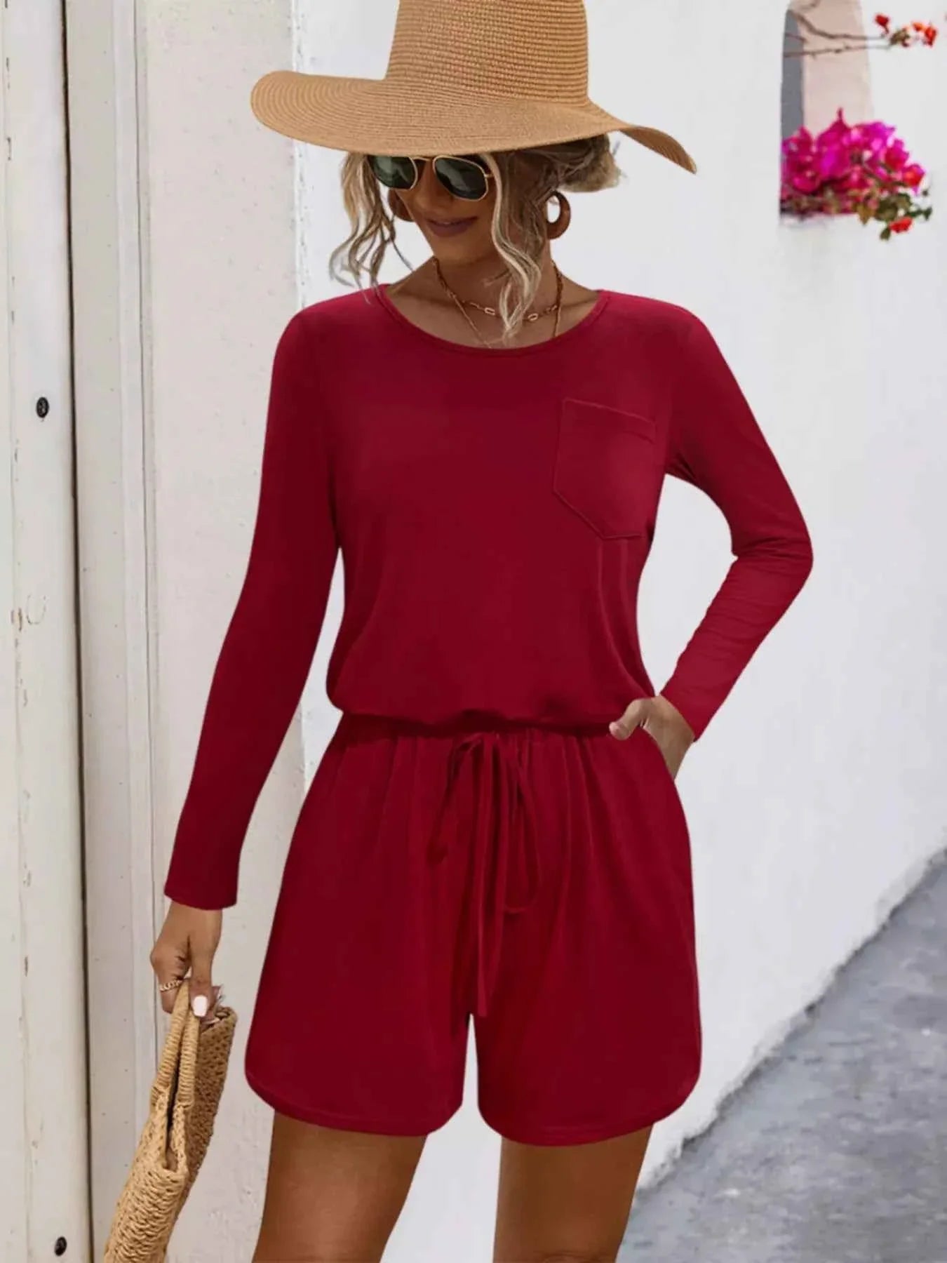Long Sleeve Drawstring Romper Burgundy cec09fba-e631-4d3c-95d1-92923949316d-Max-Origin
