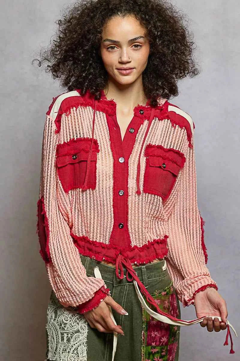 POL Texture Woven Button Down Hooded Shirt with Drawstring Hem cec0bb7f-d343-4493-a3e6-71cc9d315e72-Max-Origin