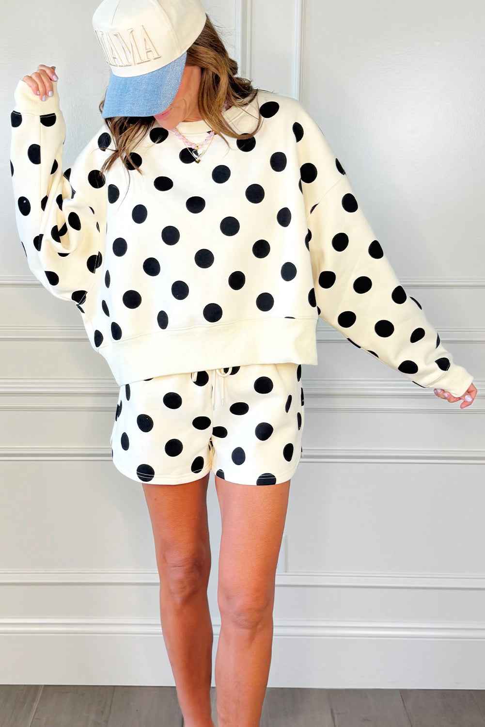 Sky Blue Polka Dot Print Drop Shoulder Pullover Drawstring Shorts Set cec2f483c794de13
