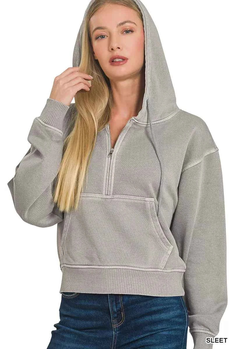 Zenana Fleece Pigment Dye Half Zip Kangaroo Pocket Hoodie cec70e1e-2dd1-42ad-b2d0-3cb73953af45-Max-Origin