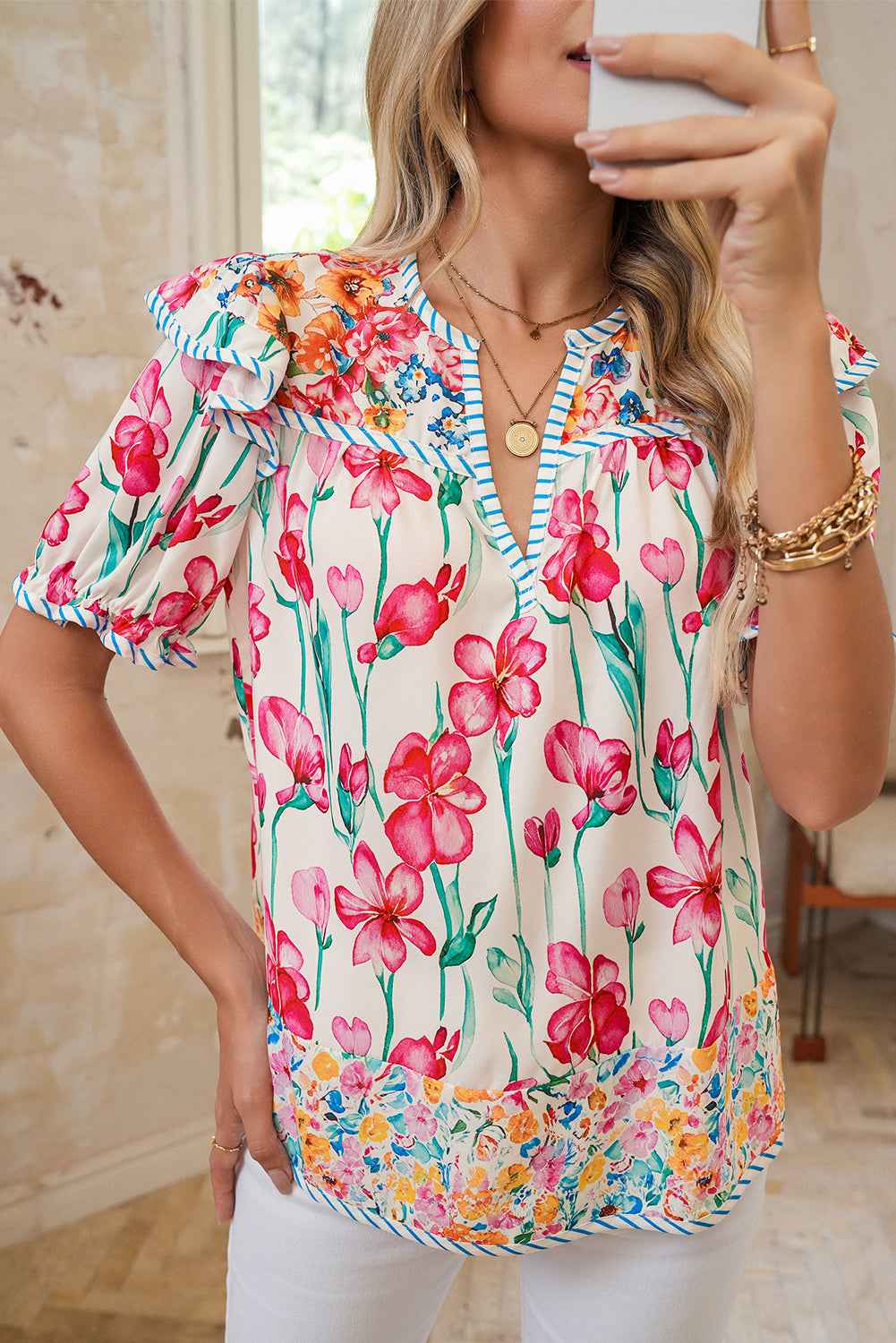 Pink Floral Print Striped Detail Split Neck Short Sleeve Blouse cecabca7a38aa71b