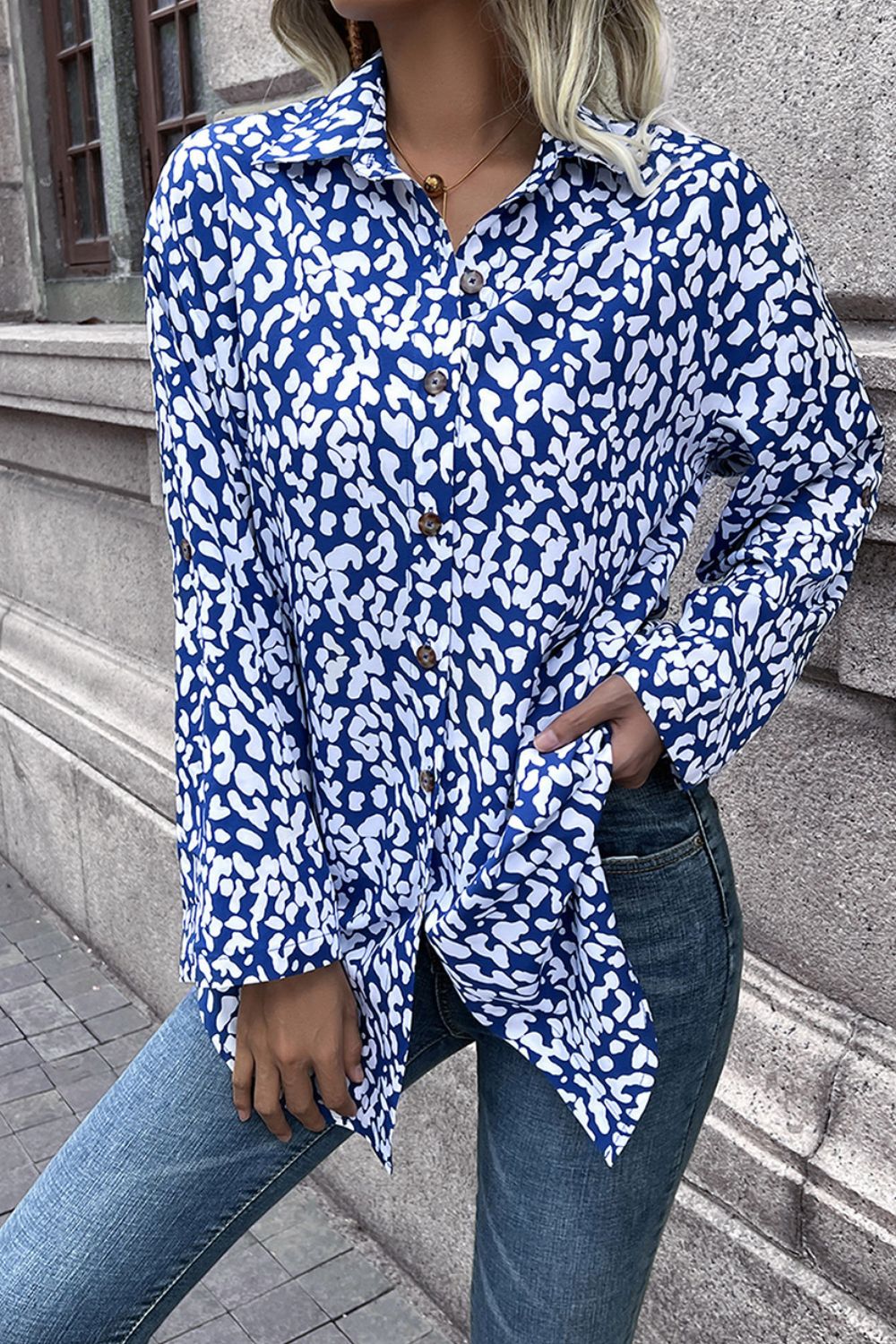 Ivy Lane Leopard Roll-Tap Sleeve Shirt cecdf6af05c3499d96cd471d95e634b4-Max