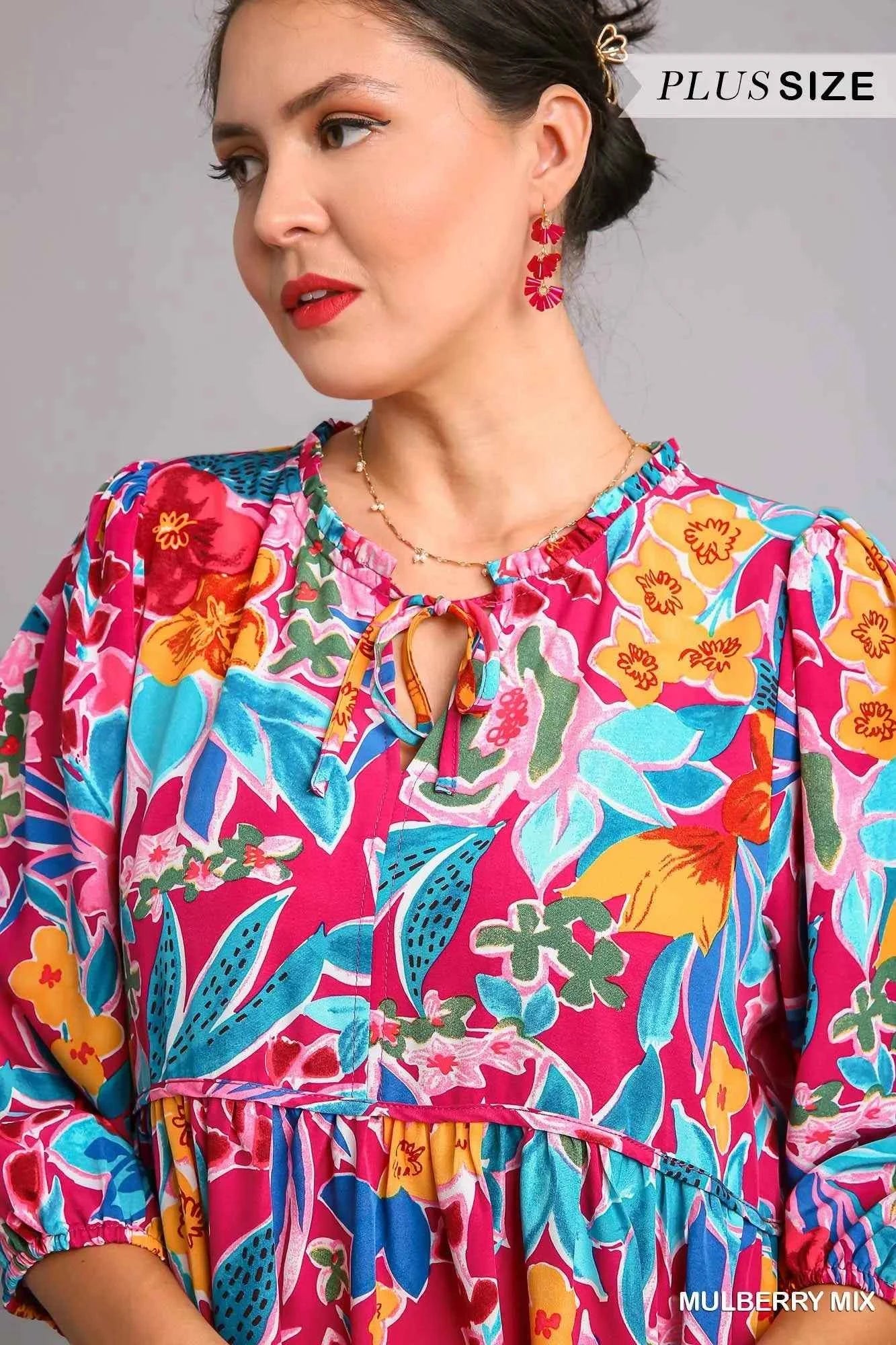 Umgee Full Size Floral Print Tie Neck Midi Dress with Pockets Plus Size ced8a482-0a9c-43d5-b551-56da61a8357d-Max-Origin