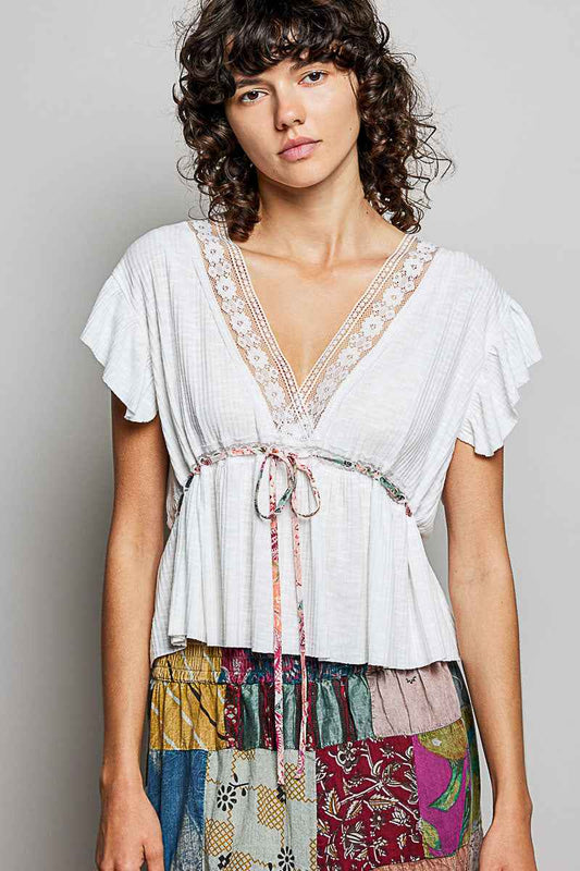 POL Tied Ruffled V-Neck Short Sleeve Blouse with Lace Detail ceda67f9-e863-4243-9ff2-a55f2448f318-Max