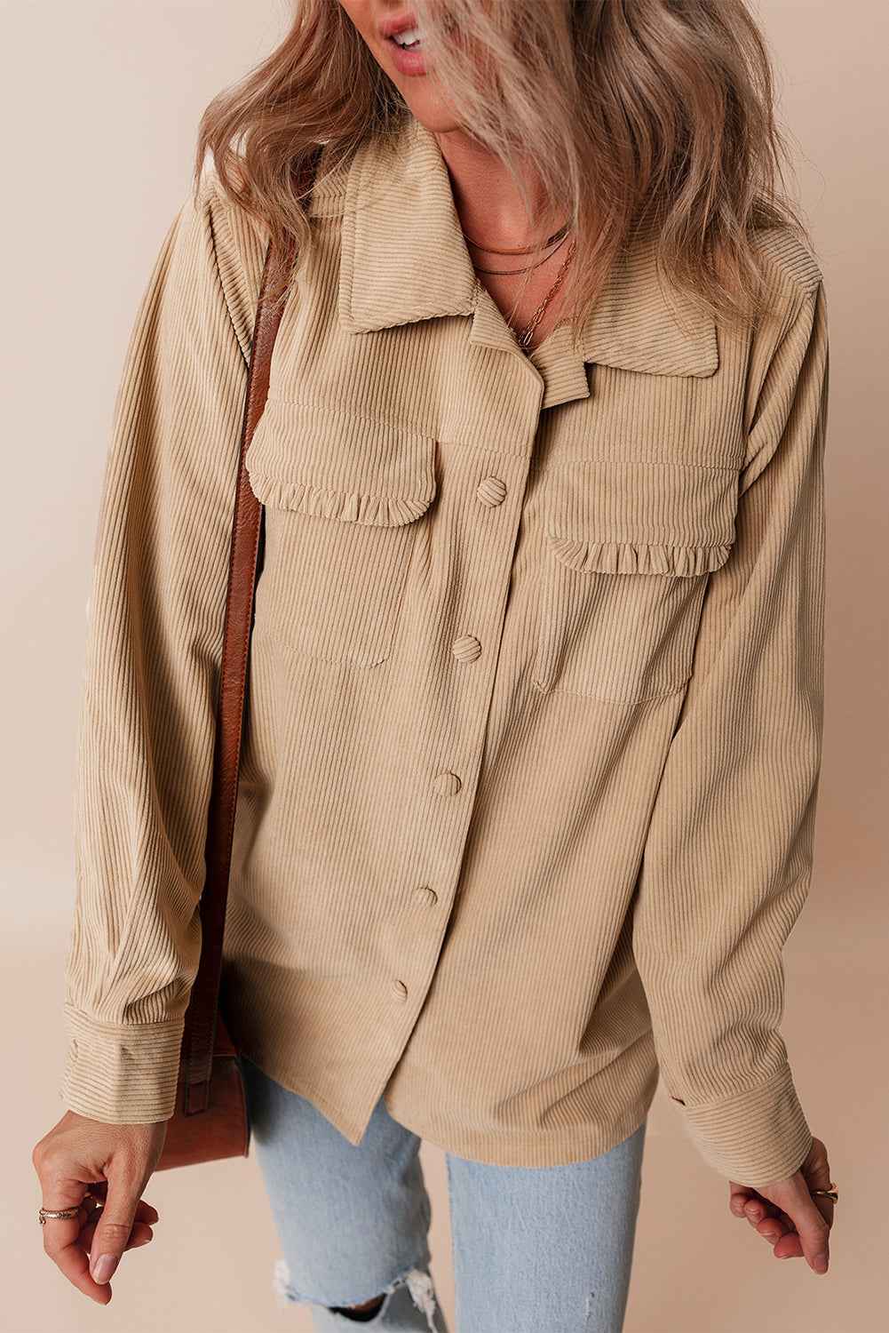 Light French Beige Corduroy Frilled Flap Pocket Button Up Shacket cedc4451c076e6ca
