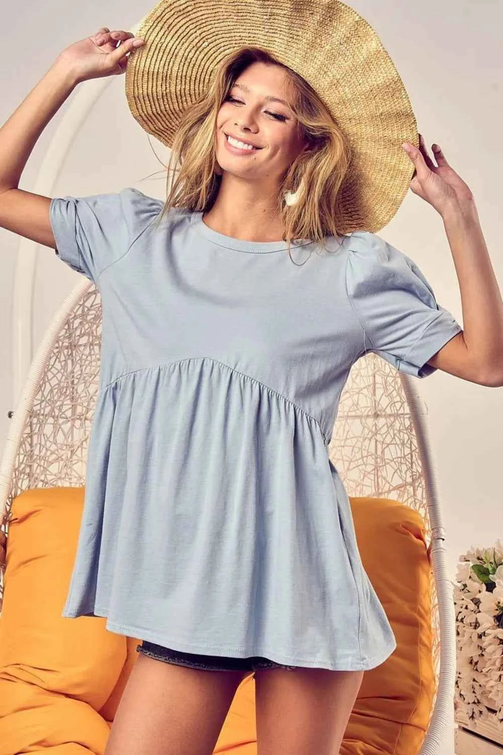 BiBi Cotton Span Knit with Puff Sleeve Baby Doll Top LT BLUE cee1256a-b647-432a-90c4-c29f1018e1bf-Max-Origin
