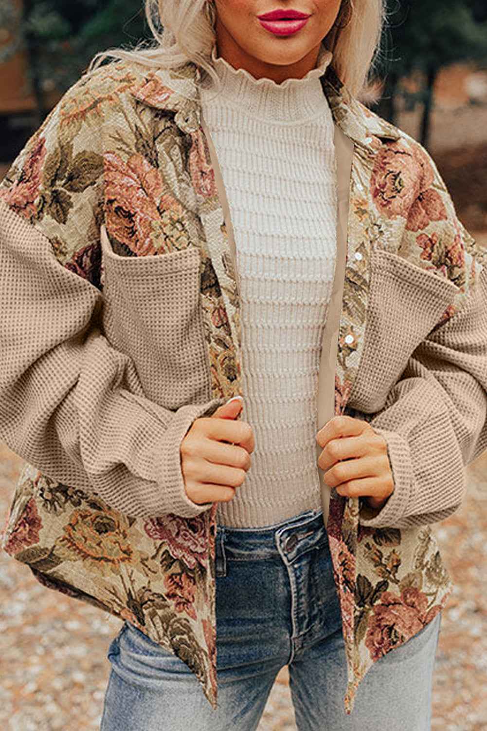Khaki Floral Waffle Knit Patchwork Chest Pockets Buttoned Jacket Khaki 100%Polyester cee2ad263a667ee4