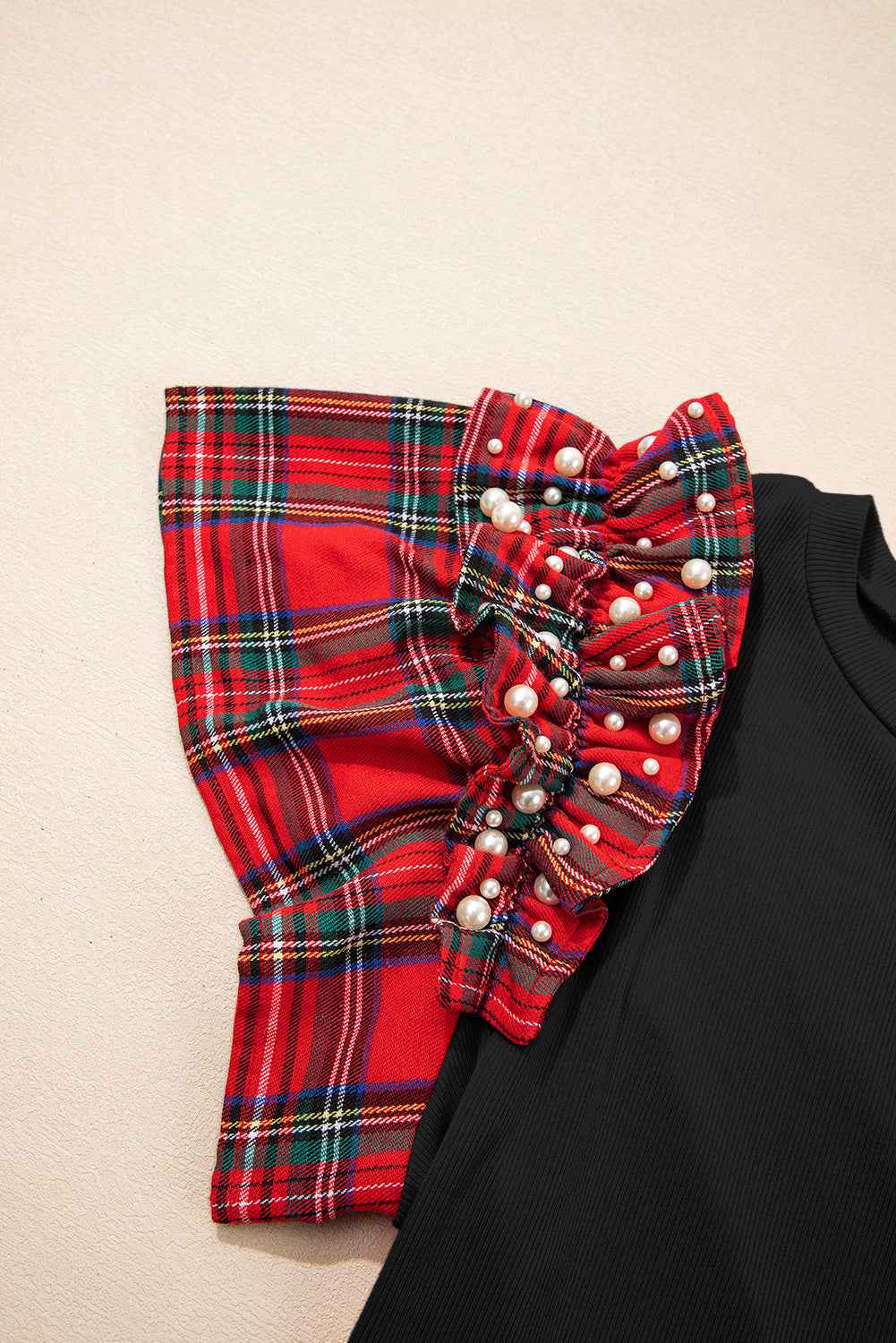 Racing Red Pearl Plaid Ruffle Sleeve Loose T Shirt cee2ea02cc0164d0