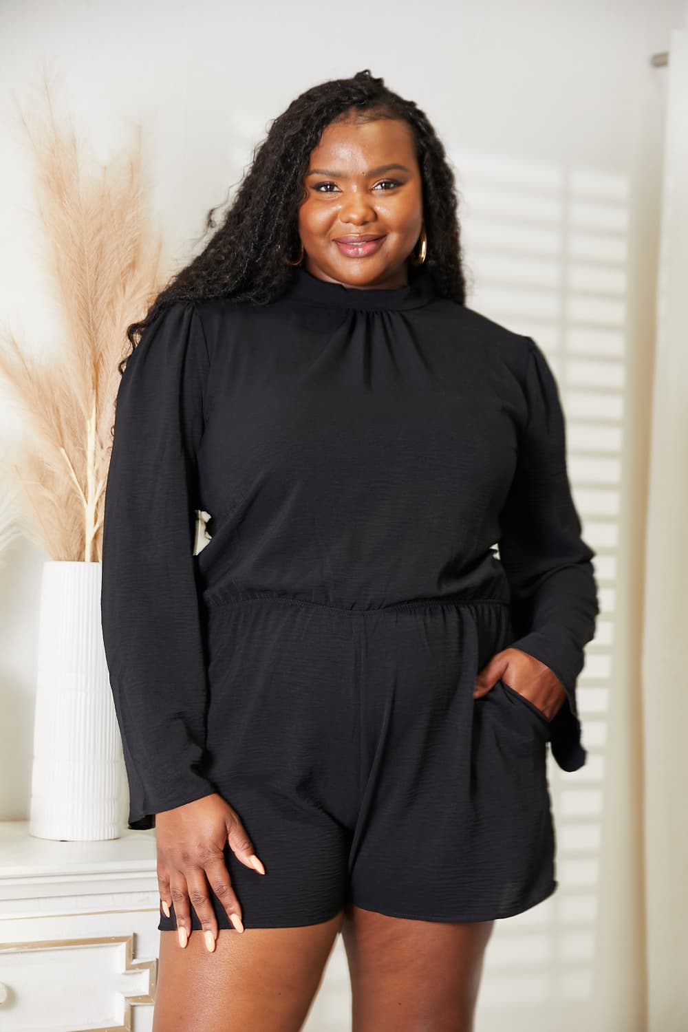 Culture Code Full Size Open Back Romper with Pockets Black cee68e6e94ab4352bb18c10f80c39695-Max