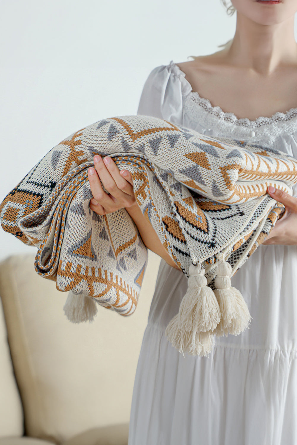 Parchment Boho Tassel Winter Throw Blanket cee7bcef378b53c9