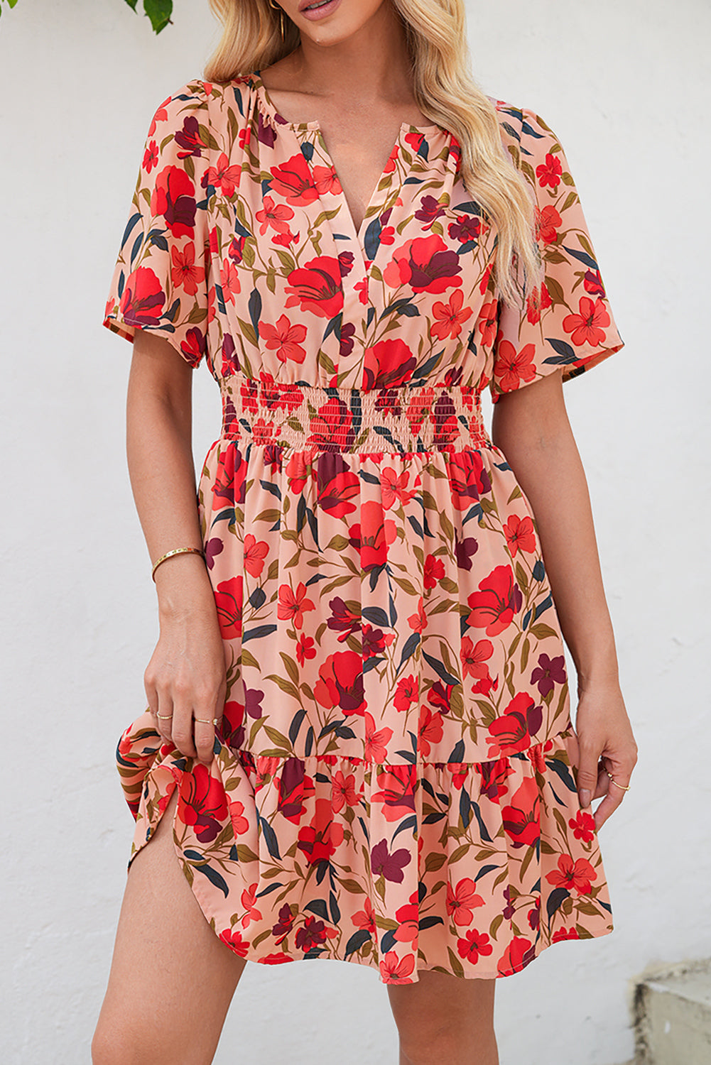 Red Floral Print Wrap V Neck Short Sleeve High Waistband Mini Dress Red 100%Polyester cee8d7d5ed1ac754