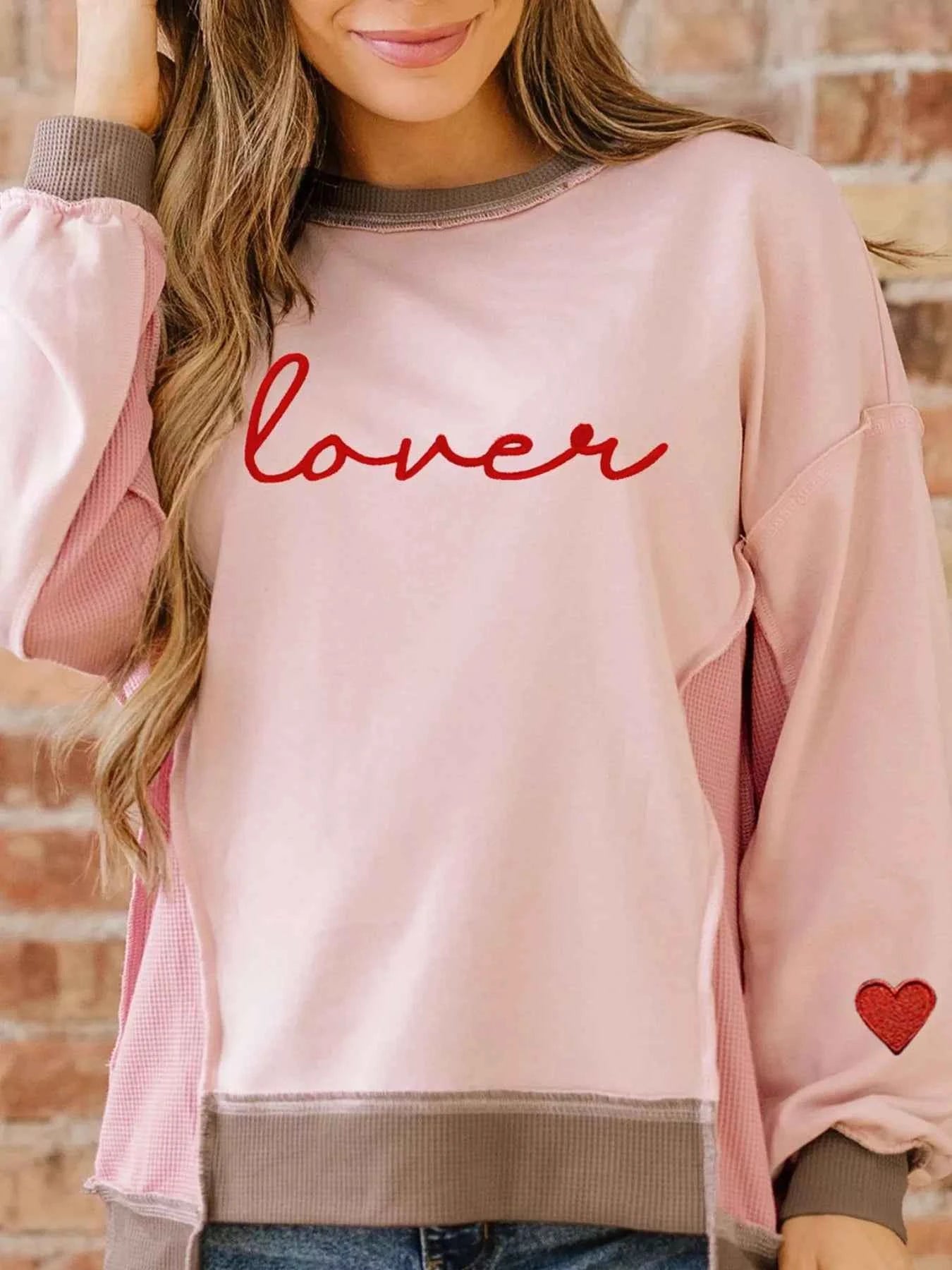 Color Block Patchwork Lovers Embroidered Letter Sweatshirt cee9ecc6-283a-4be3-ad29-1f322b325c4e-Max-Origin