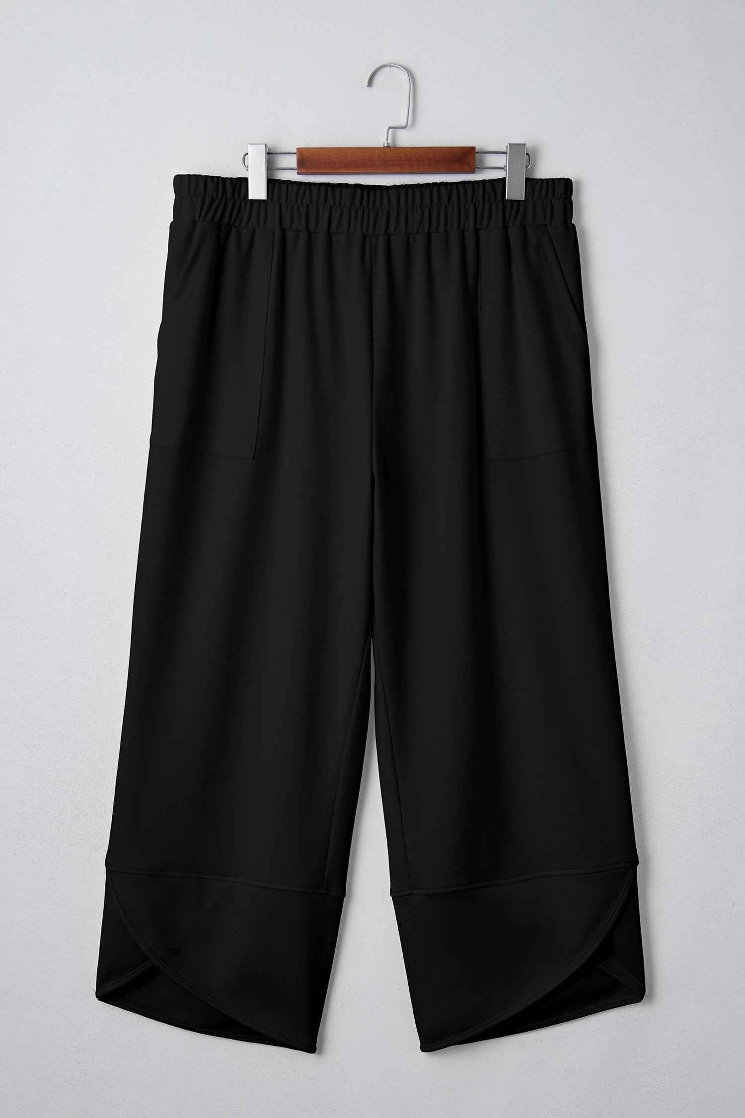 Black Plus Size Elastic Waist Asymmetrical Hem Loose Capris Pants ceeb74719eb9c8eb