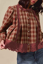Red Dahlia Plaid Lace Hem Button Down Shirt Red Dahlia 100%Cotton ceecbacfd741fea3
