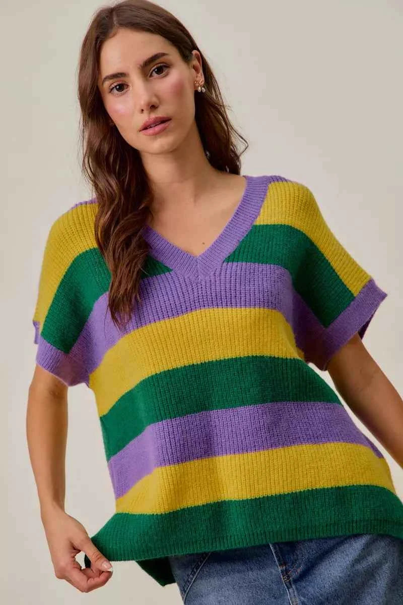 SO ME Mardi Gras Loose Fit V Neck Stripe Sweater Top PURPLE MUSTARD GREEN ceeddc93dd404bfea3f67d7d86ba5974-Max-Origin
