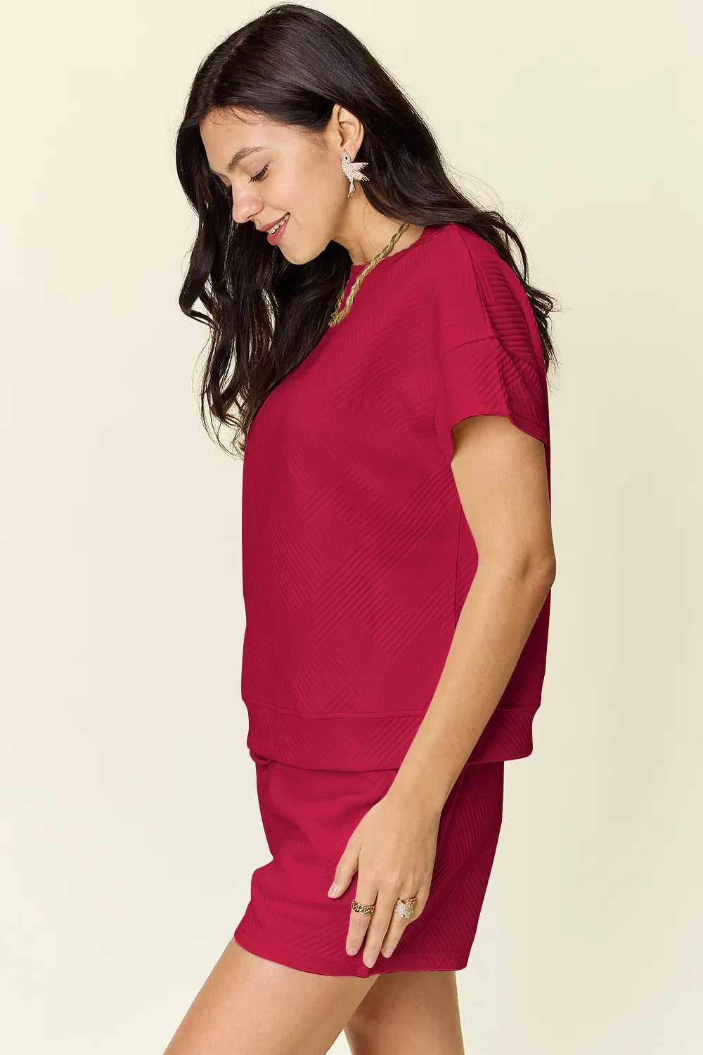 Double Take Full Size Texture Short Sleeve T-Shirt and Drawstring Shorts Set cef165ae-56b8-4ed3-8ff2-f5bb6b630566-Max