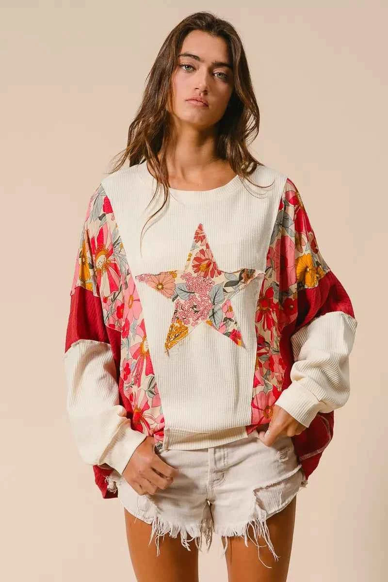 BiBi Floral Print Mixed Star Patch Round Neck Sweatshirt cef303f661f9430a9cd15e6acd8fe8d1-Max-Origin