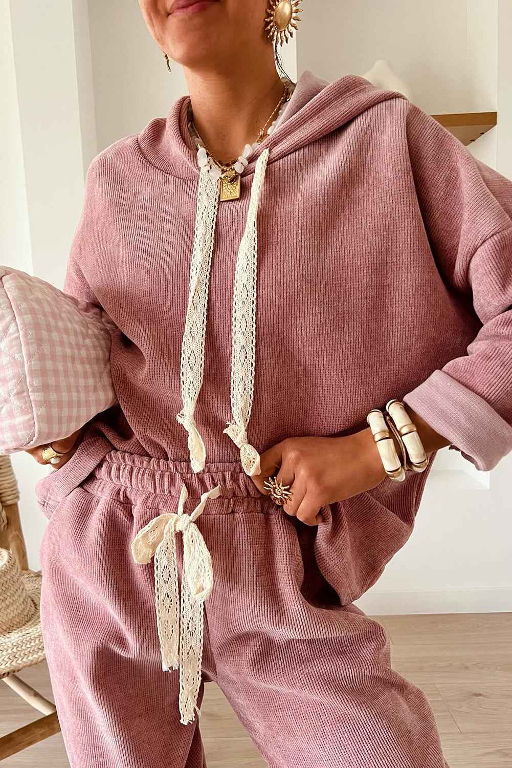 Jet Stream Drawstring Pullover Hoodie and High Waist Pants Corduroy Suit cef4f0a1cf78109f