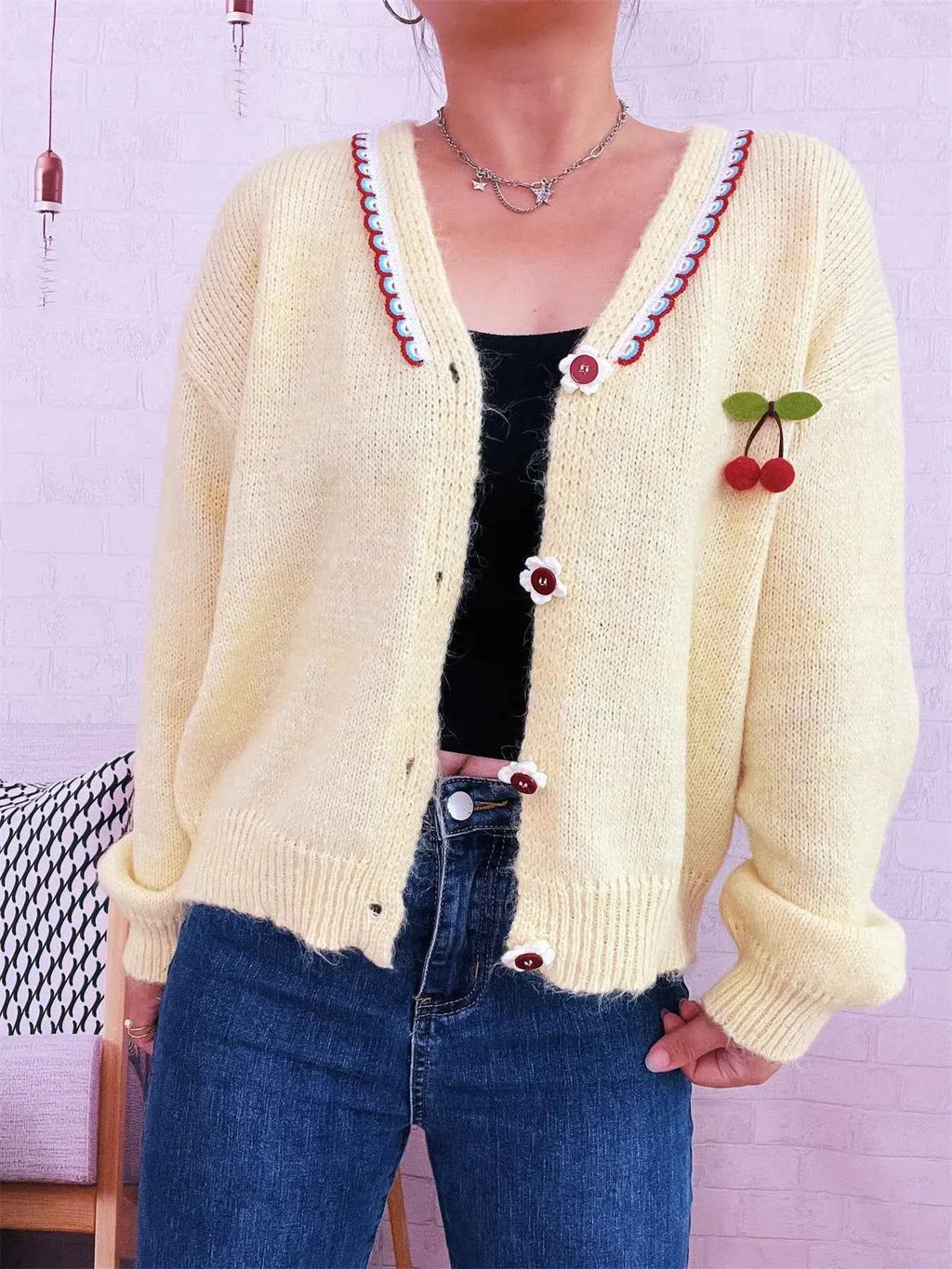 Cherry Button-Front Long Sleeve Cardigan ceff862dd008418bb1c17992b12f67a7-Max-Origin