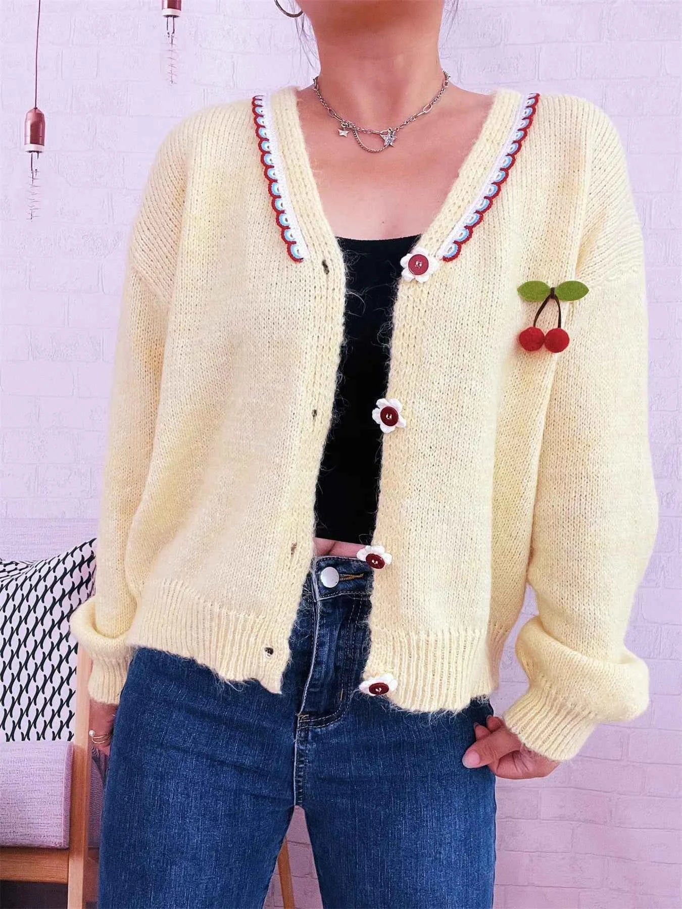 Cherry Button-Front Long Sleeve Cardigan ceff862dd008418bb1c17992b12f67a7-Max-Origin